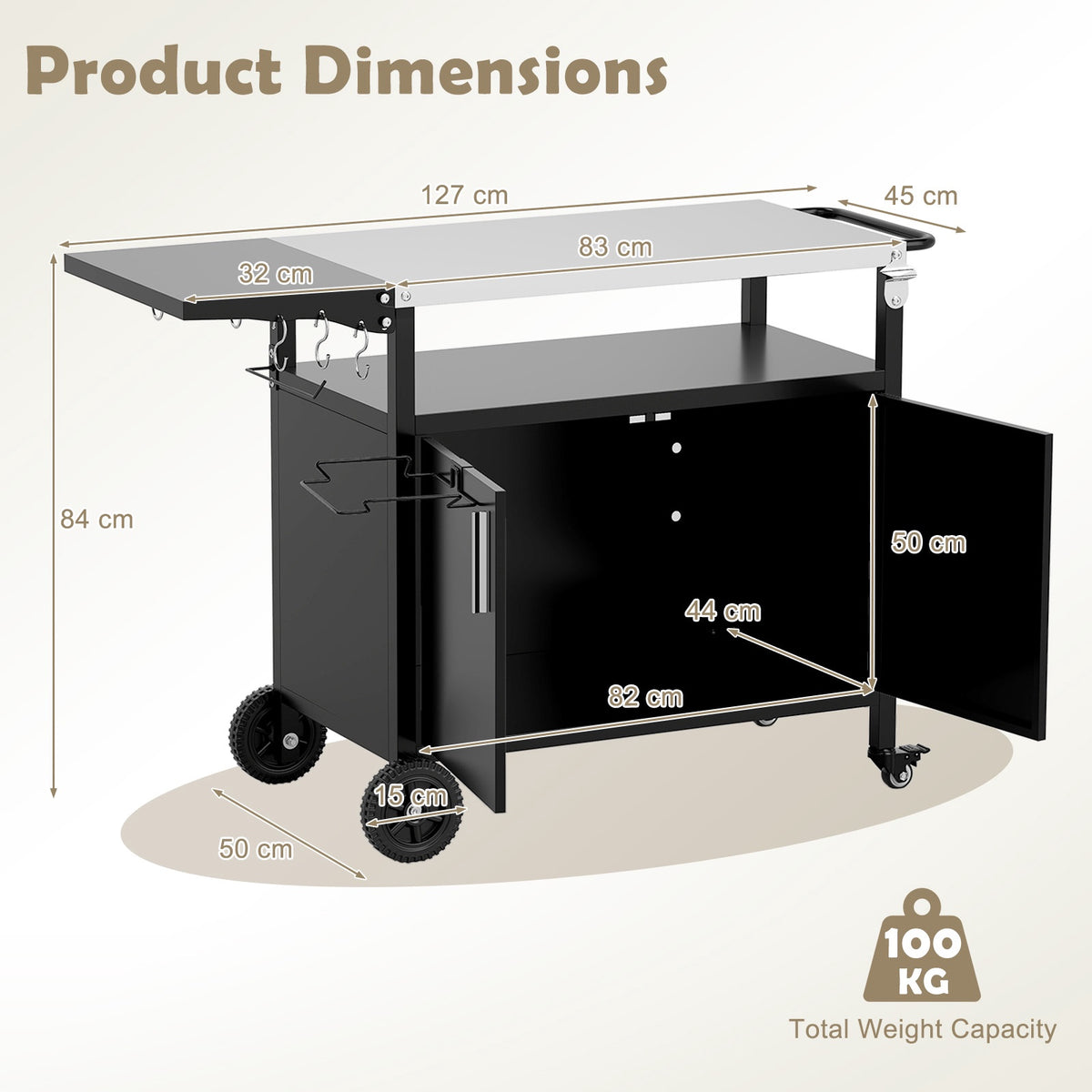Grill Cart With Storage, Folding Stainless Top, Black