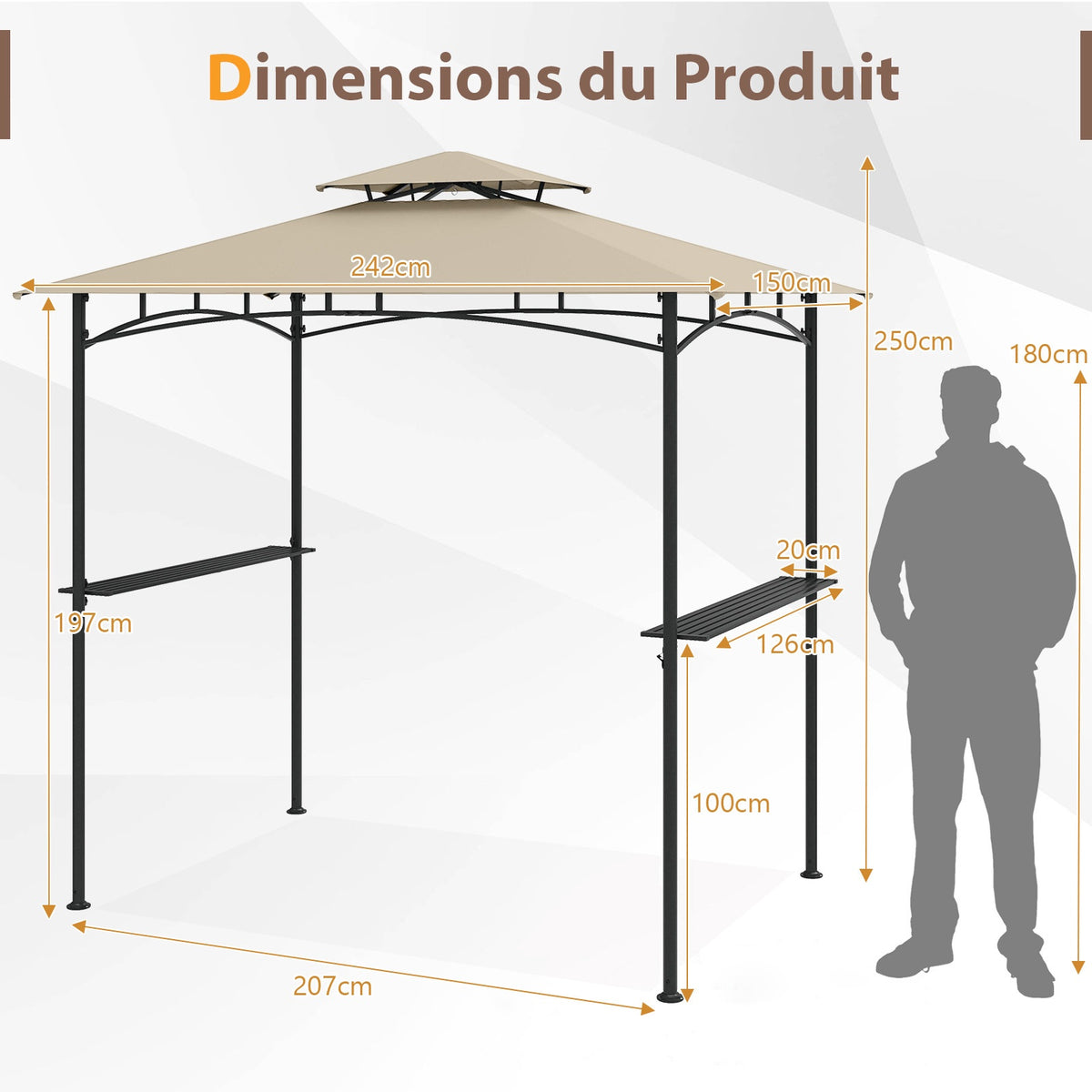 Grill Gazebo 242 x 150 cm, Two-Tier Canopy, Shelves
