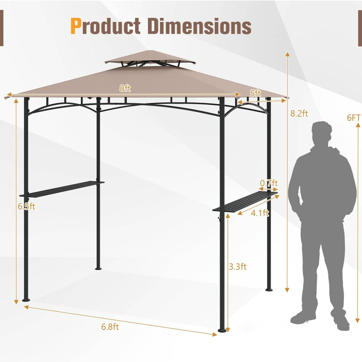 Grill Gazebo 8 x 5 Ft, Metal Frame, 2 Shelves, 6 Hooks