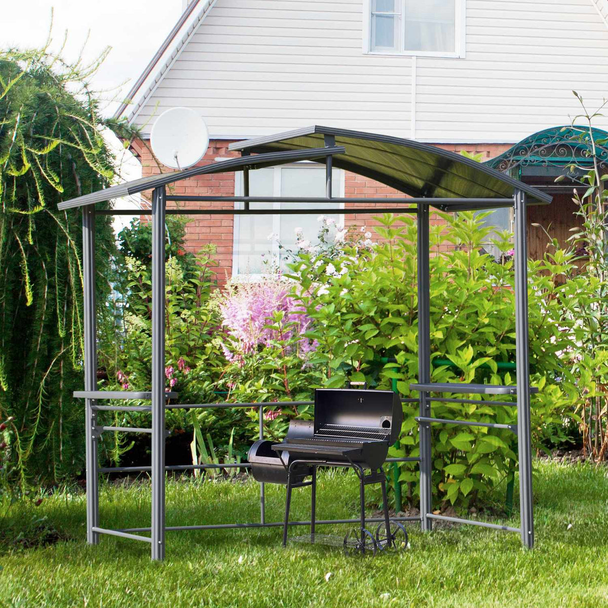 Grill Pavilion 240X150Cm Flame Protection Roof 2 Shelves Steel Pc Dark Gray