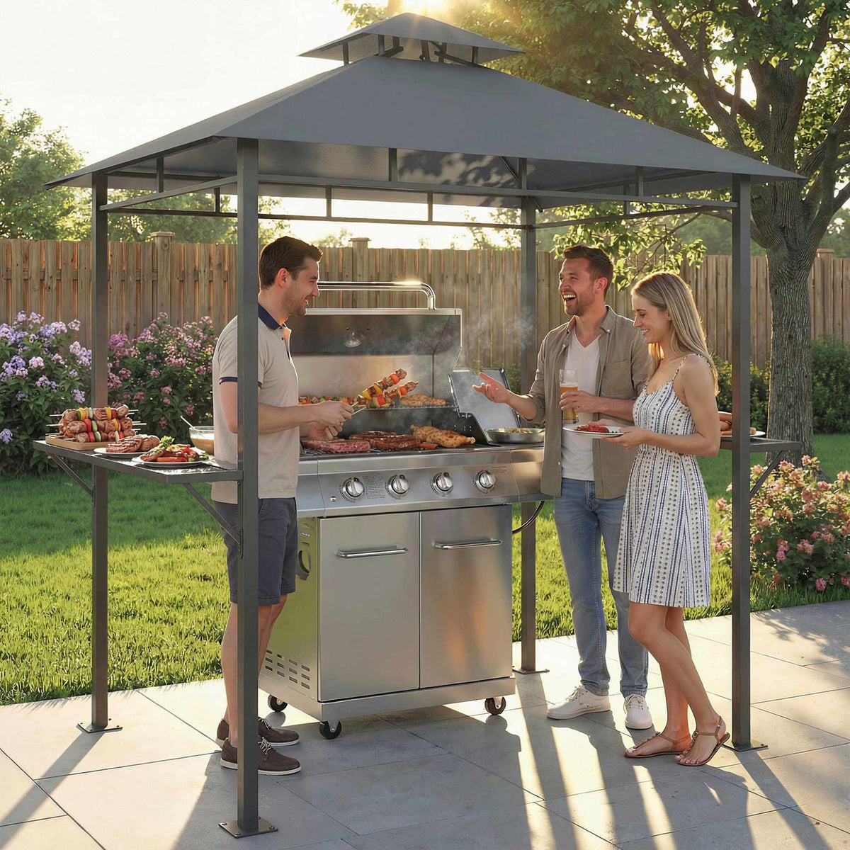 Grill Pavilion 2.4x1.4m, Ventilated Roof, Side Shelves