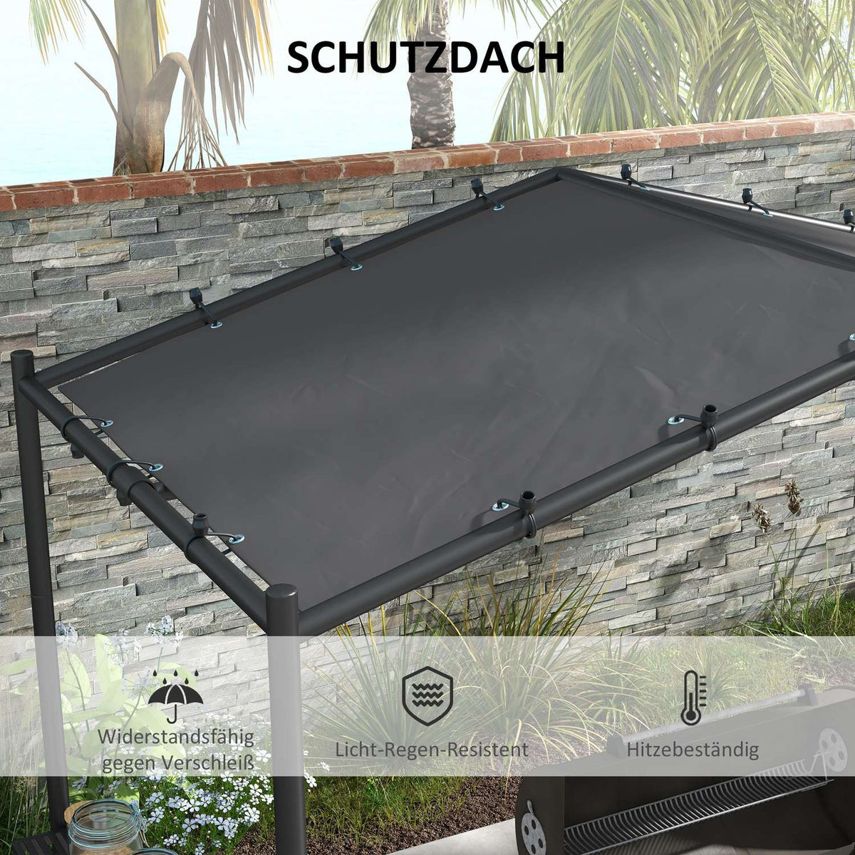 Grill Pavilion 3X1.5M Weatherproof Grill Canopy With 2 Side Shelves, Steel, Dark Gray, For Garden & Balcony