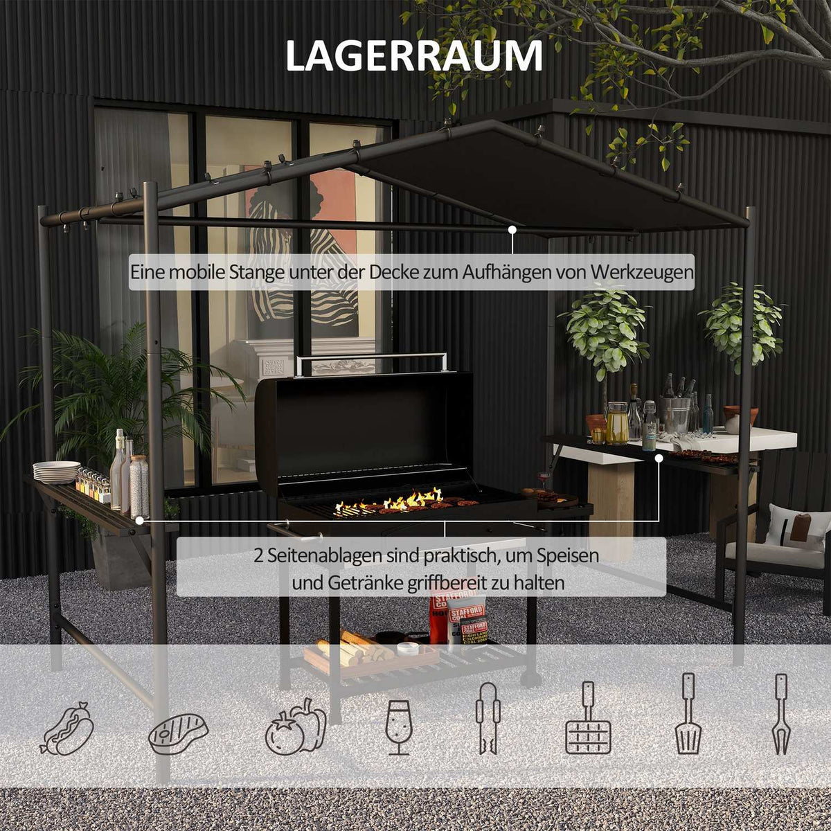 Grill Pavilion 3X1.5M Weatherproof Grill Canopy With 2 Side Shelves, Steel, Dark Gray, For Garden & Balcony