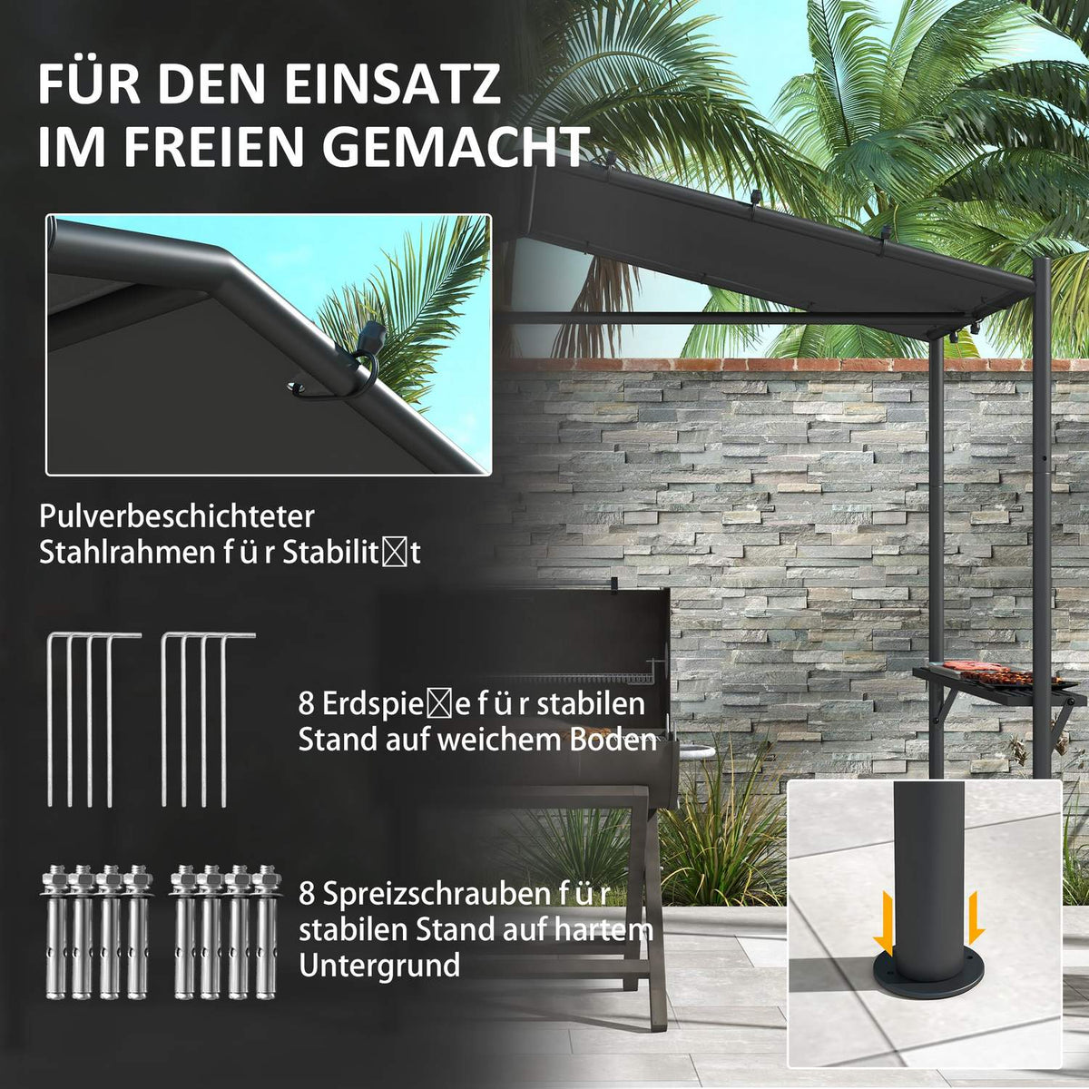Grill Pavilion 3X1.5M Weatherproof Grill Canopy With 2 Side Shelves, Steel, Dark Gray, For Garden & Balcony