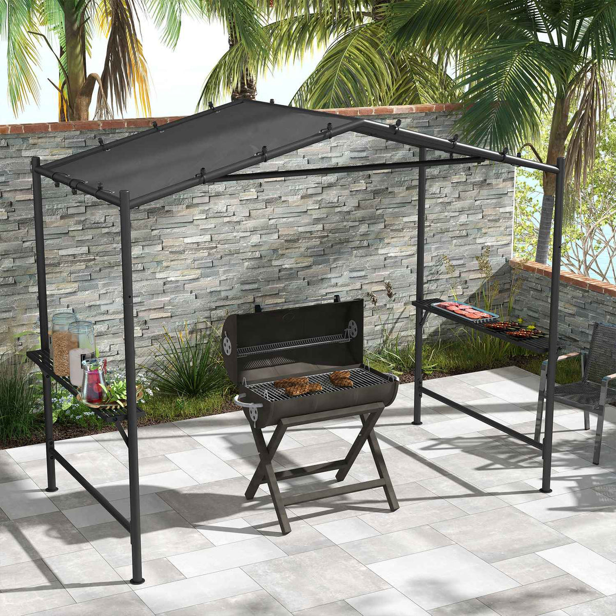 Grill Pavilion 3X1.5M Weatherproof Grill Canopy With 2 Side Shelves, Steel, Dark Gray, For Garden & Balcony