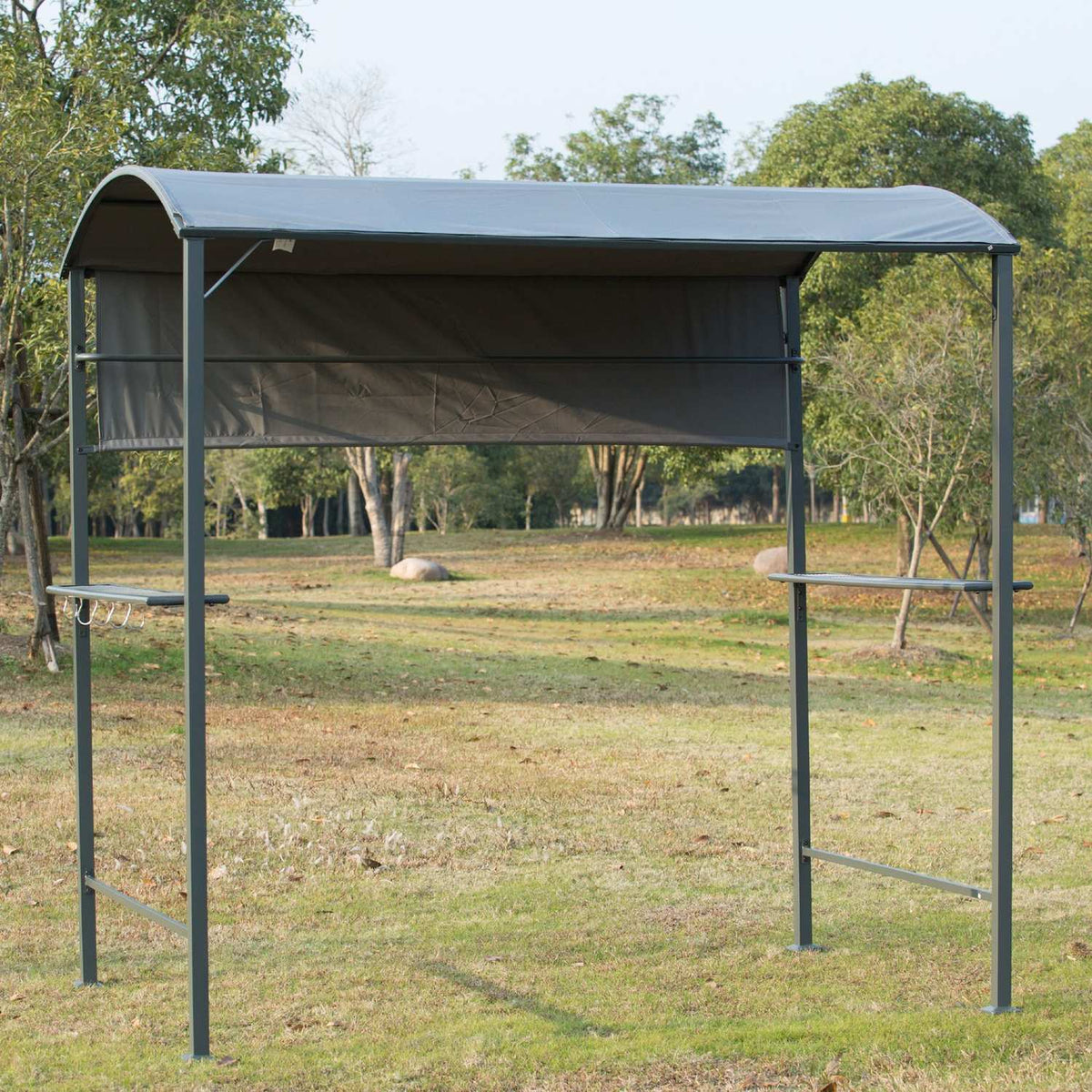 Grill Pavilion Flame Protection Roof Bbq Pavilion 2 Shelves Polyester Black 218X138X216Cm
