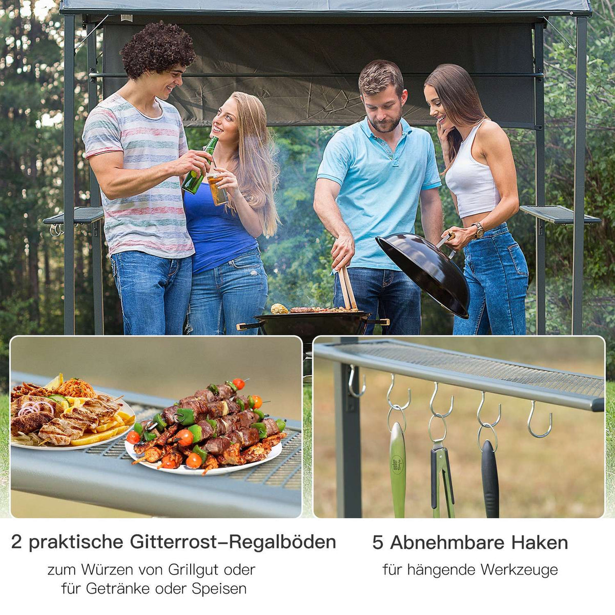 Grill Pavilion Flame Protection Roof Bbq Pavilion 2 Shelves Polyester Black 218X138X216Cm
