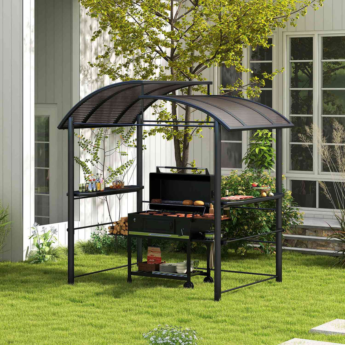 Grill Pavilion Flame Protection Roof Bbq Pavilion 2 Shelves Uv Protection Pergola Garden Balcony Steel Pc Dark Gray 240X150X230Cm