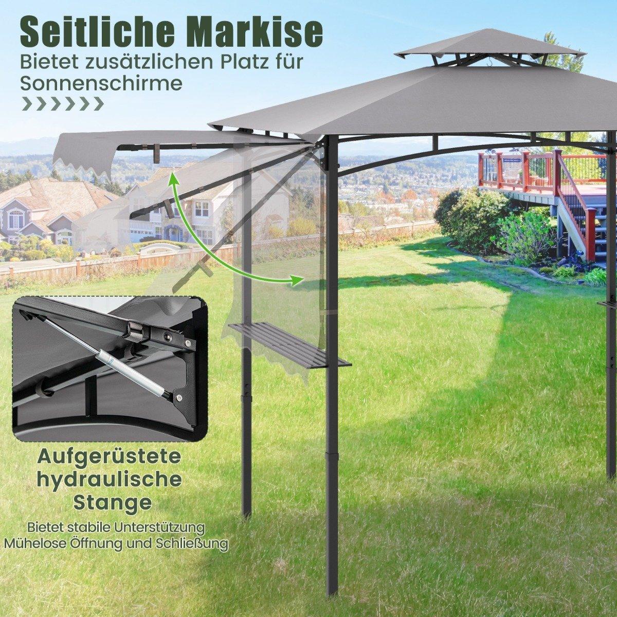 Grill Pavilion with Side Awning, Double Roof, Metal Shelves