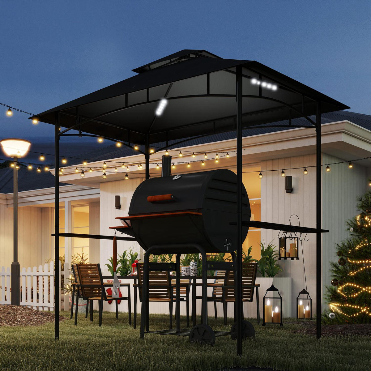 Grill pavilion with LED 240 x 150 x 258 cm water-repellent flame-retardant garden pavilion with double-layer roof, side shelves, gazebo with UV protection, BBQ pavilion for party BBQ dark gray