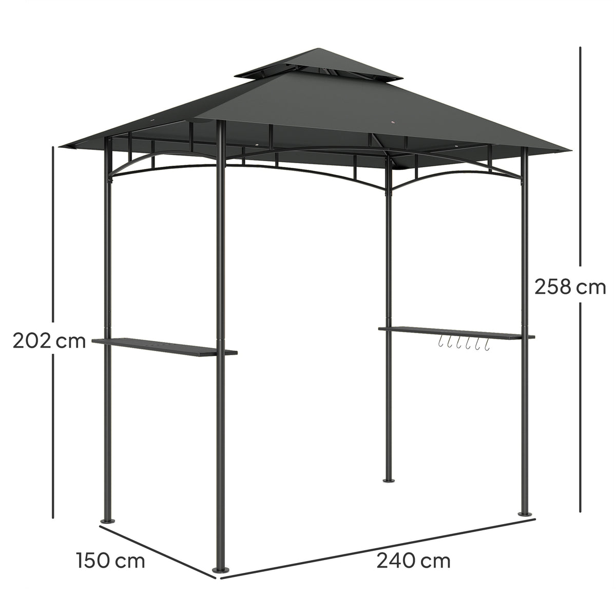 Grill pavilion with LED 240 x 150 x 258 cm water-repellent flame-retardant garden pavilion with double-layer roof, side shelves, gazebo with UV protection, BBQ pavilion for party BBQ dark gray