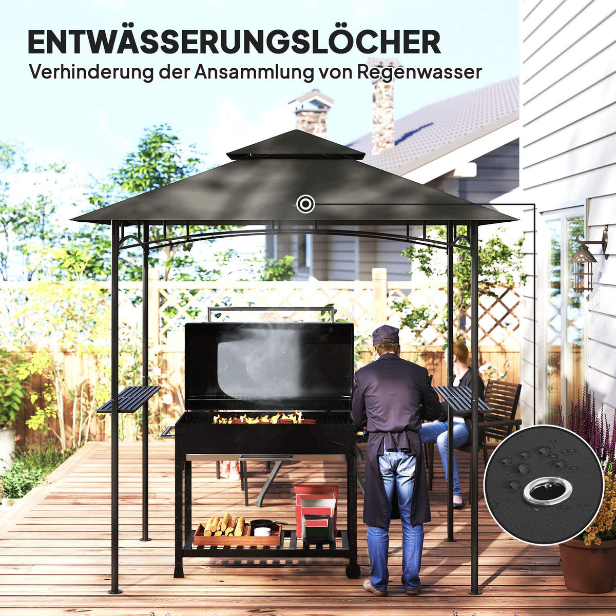 Grill pavilion with LED 240 x 150 x 258 cm water-repellent flame-retardant garden pavilion with double-layer roof, side shelves, gazebo with UV protection, BBQ pavilion for party BBQ dark gray