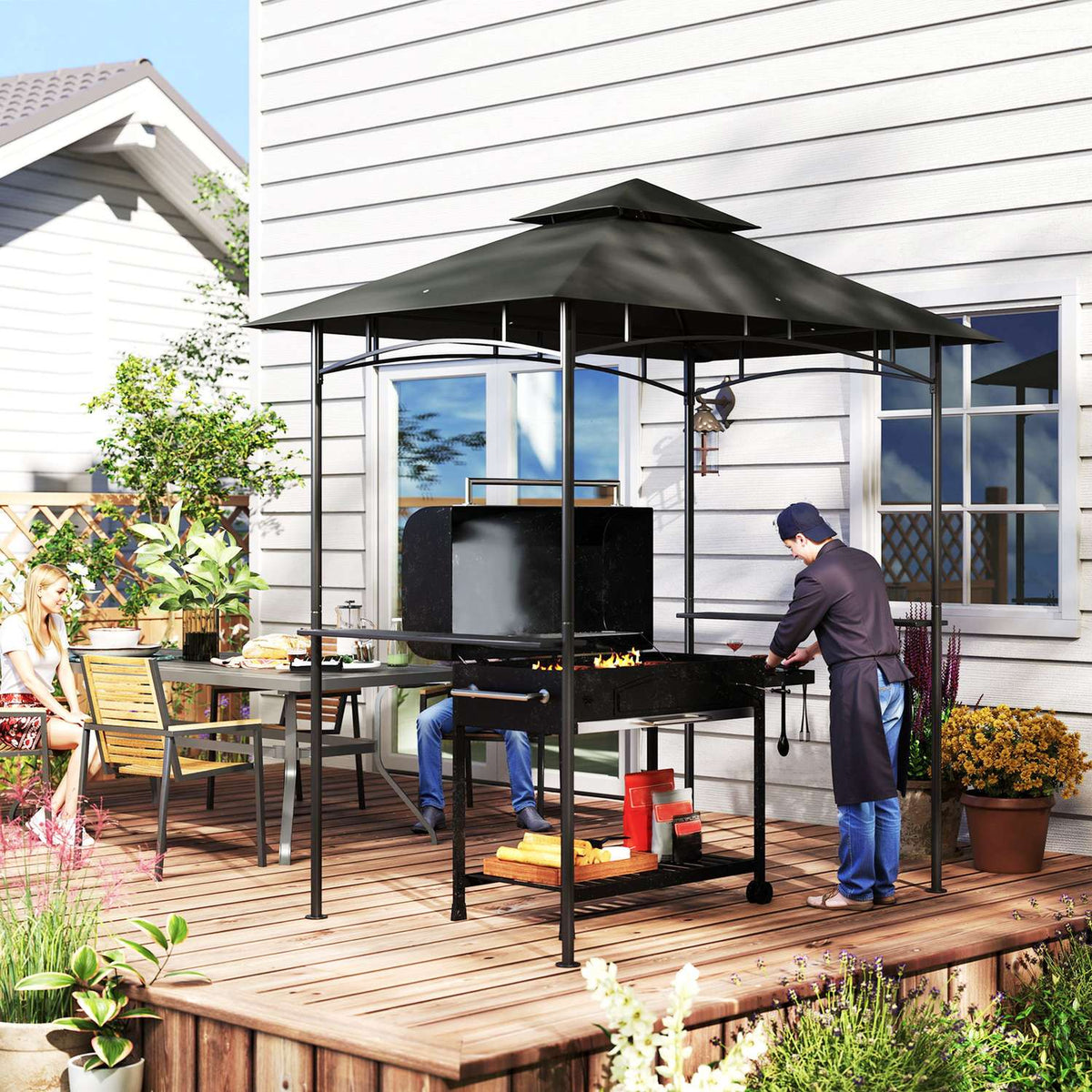 Grill pavilion with LED 240 x 150 x 258 cm water-repellent flame-retardant garden pavilion with double-layer roof, side shelves, gazebo with UV protection, BBQ pavilion for party BBQ dark gray
