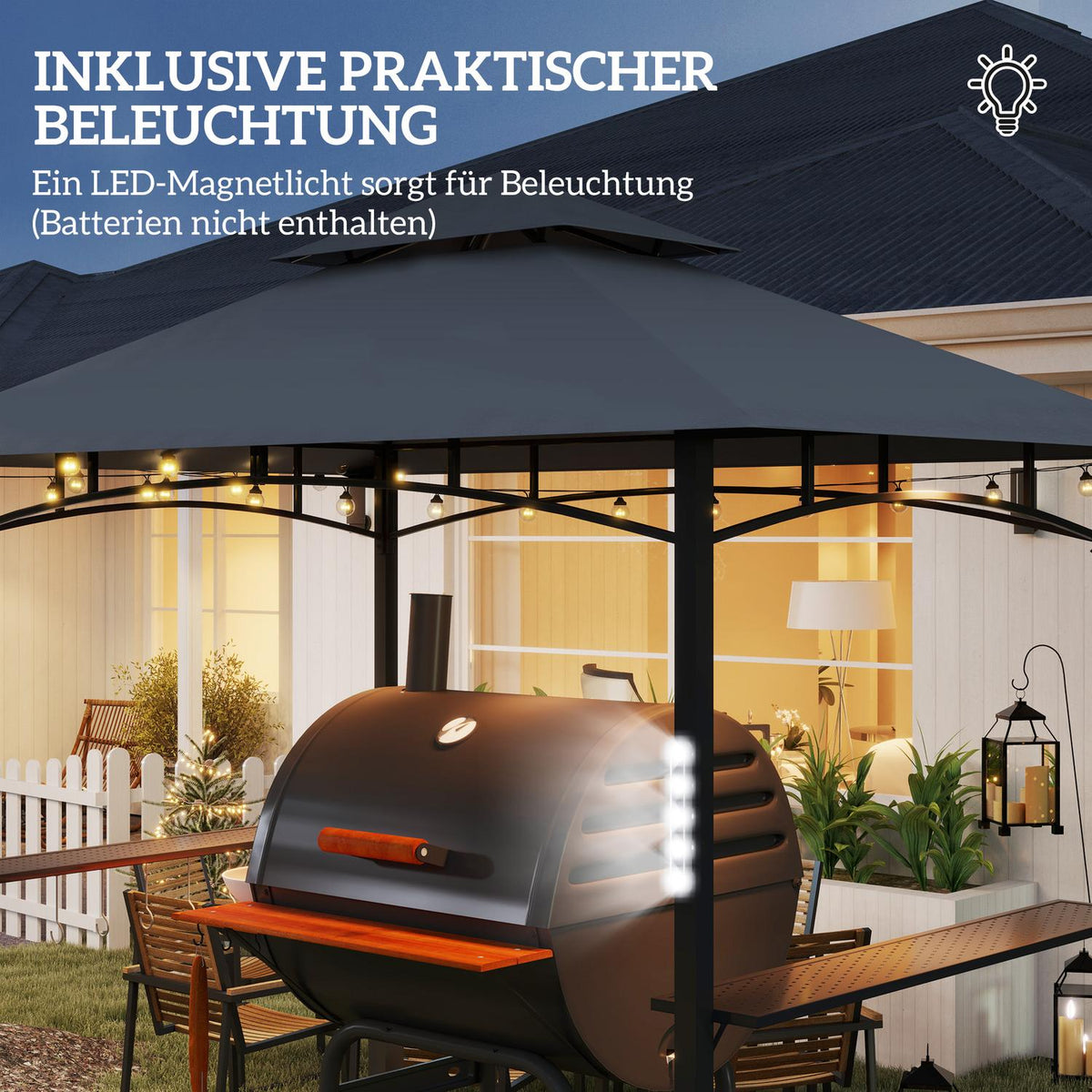 Grill pavilion with LED 243 x 148 x 248 cm waterproof flame retardant garden pavilion with double roof, side shelves, gazebo with UV protection, BBQ pavilion made of metal grill tent for party BBQ gray