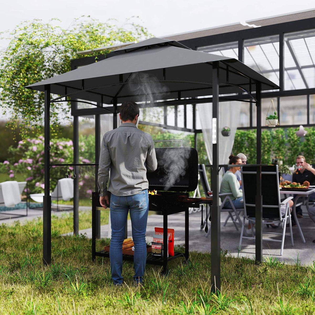 Grill pavilion with LED 243 x 148 x 248 cm waterproof flame retardant garden pavilion with double roof, side shelves, gazebo with UV protection, BBQ pavilion made of metal grill tent for party BBQ gray