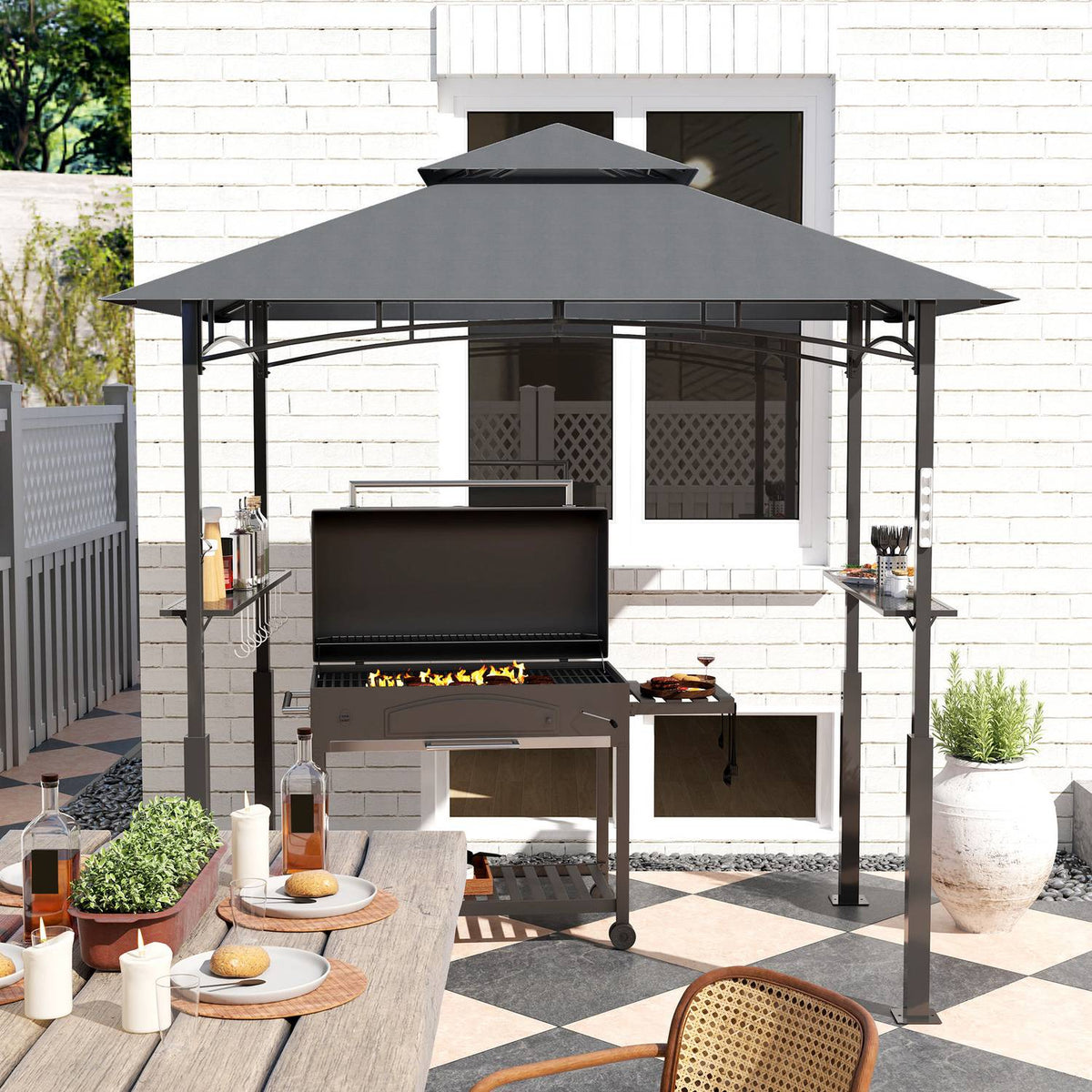 Grill pavilion with LED 243 x 148 x 248 cm waterproof flame retardant garden pavilion with double roof, side shelves, gazebo with UV protection, BBQ pavilion made of metal grill tent for party BBQ gray