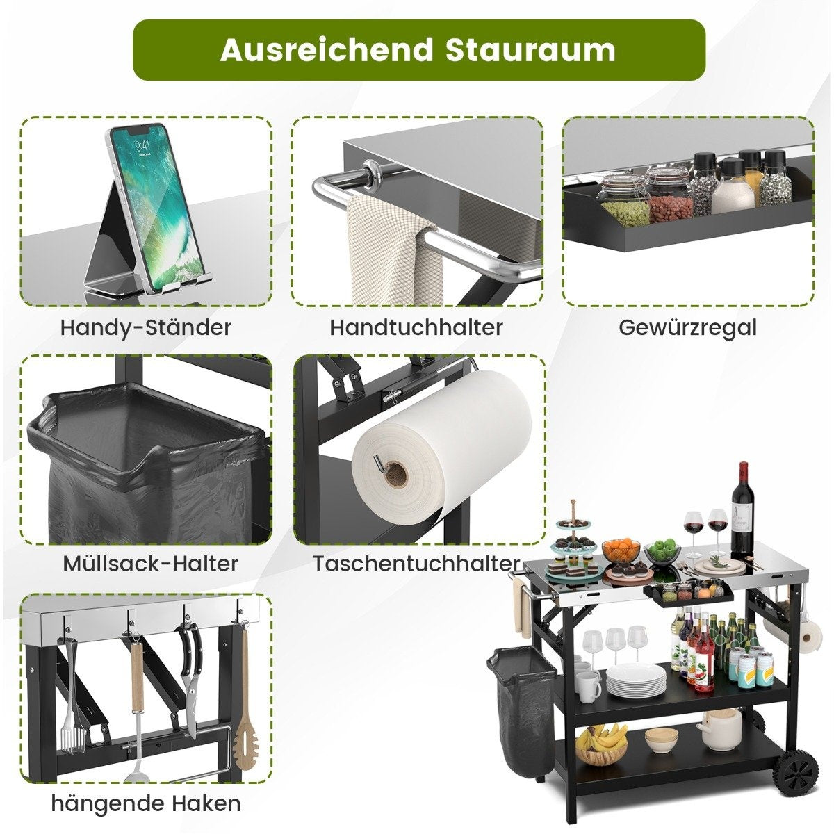 Grill table with 3 shelves & mobile phone stand & spice rack & towel holder serving cart