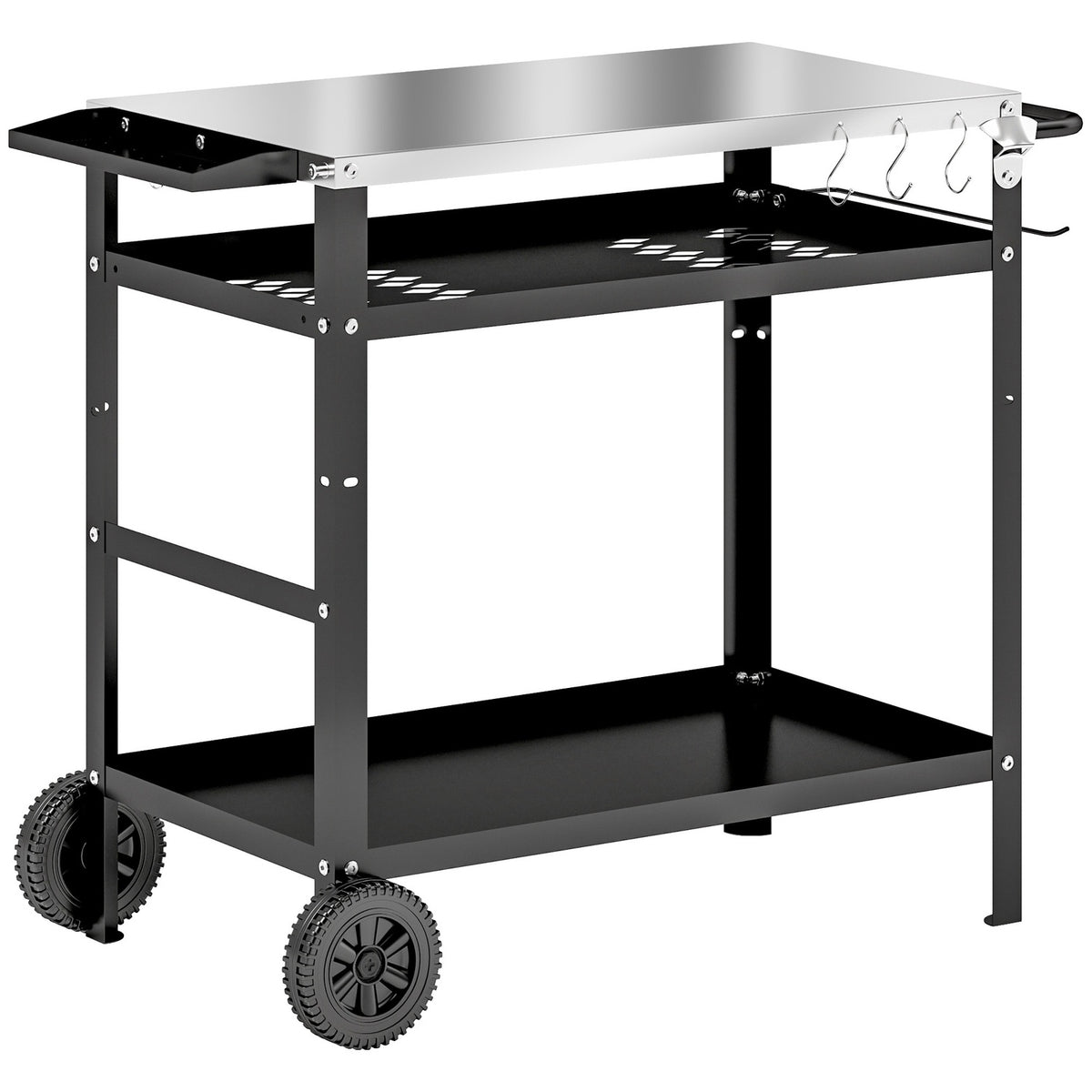 Grill trolley 3-tier serving trolley with work surface handles cover wheels, height adjustable BBQ grill table stainless steel, grill side table, outdoor trolley for garden grill 100x52x80cm black