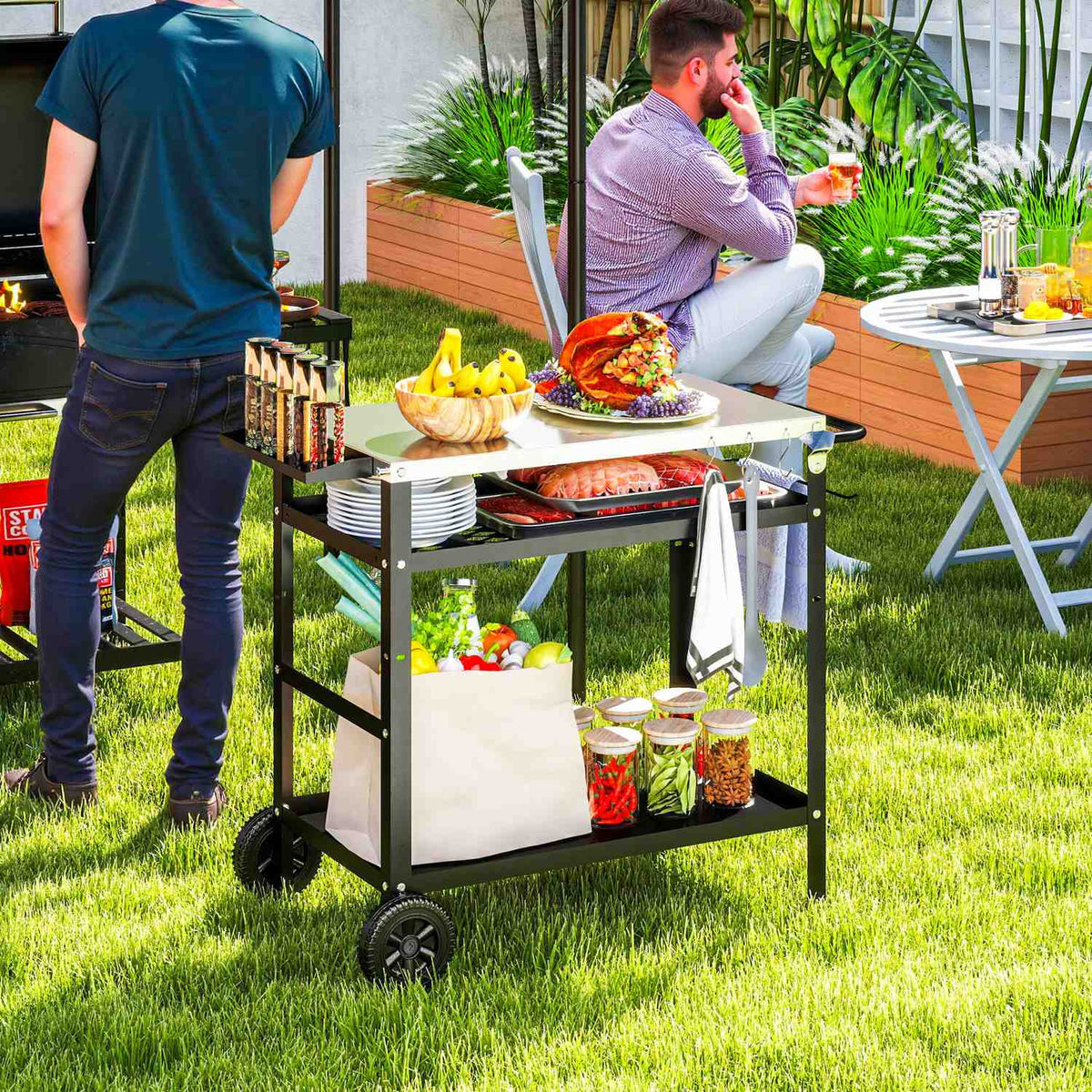 Grill trolley 3-tier serving trolley with work surface handles cover wheels, height adjustable BBQ grill table stainless steel, grill side table, outdoor trolley for garden grill 100x52x80cm black