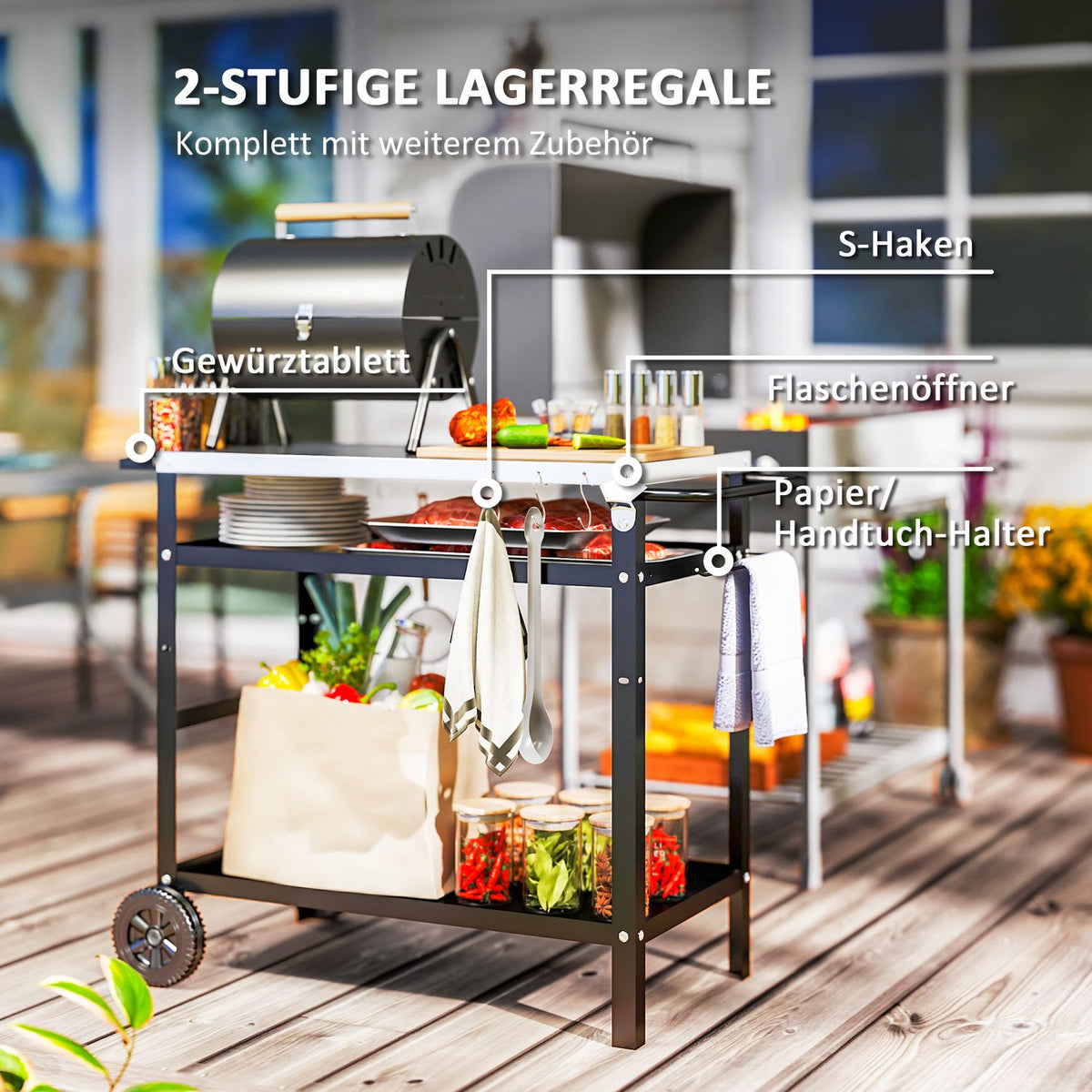 Grill trolley 3-tier serving trolley with work surface handles cover wheels, height adjustable BBQ grill table stainless steel, grill side table, outdoor trolley for garden grill 100x52x80cm black