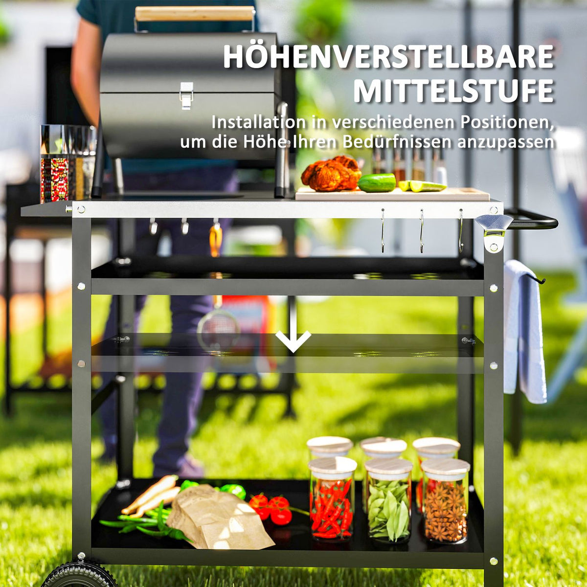 Grill trolley 3-tier serving trolley with work surface handles cover wheels, height adjustable BBQ grill table stainless steel, grill side table, outdoor trolley for garden grill 100x52x80cm black