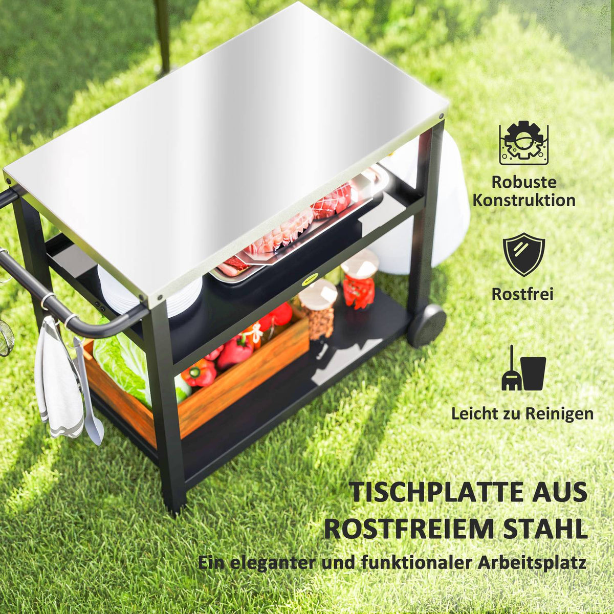 Grill trolley 3-tier serving trolley with work surface shelves hook wheels, stainless steel BBQ grill table, grill side table, outdoor trolley, charcoal grill for garden grill 102x50x81cm charcoal gray