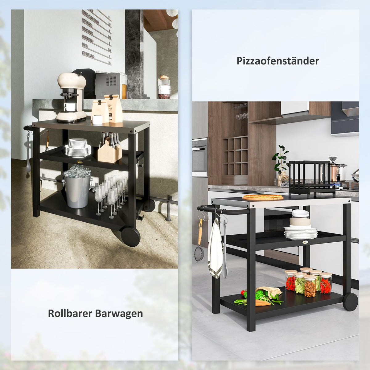 Grill trolley 3-tier serving trolley with work surface shelves hook wheels, stainless steel BBQ grill table, grill side table, outdoor trolley, charcoal grill for garden grill 102x50x81cm charcoal gray