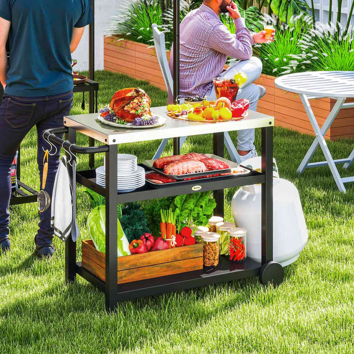 Grill trolley 3-tier serving trolley with work surface shelves hook wheels, stainless steel BBQ grill table, grill side table, outdoor trolley, charcoal grill for garden grill 102x50x81cm charcoal gray