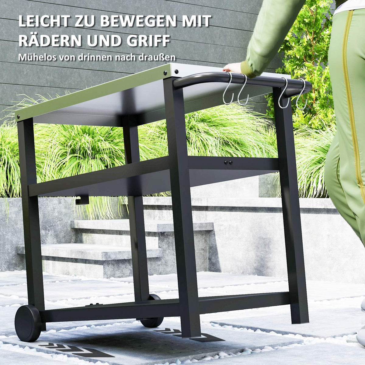 Grill trolley 3-tier serving trolley with work surface shelves hook wheels, stainless steel BBQ grill table, grill side table, outdoor trolley, charcoal grill for garden grill 102x50x81cm charcoal gray