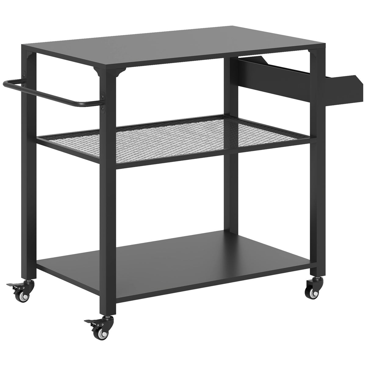 Grill trolley 3-tier serving trolley with work surface shelves wheels, BBQ grill table made of stainless steel, grill side table, outdoor trolley, charcoal grill for garden, terrace, 105x50x79cm black