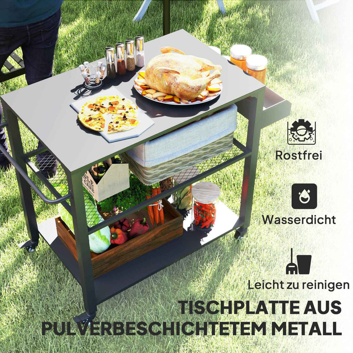 Grill trolley 3-tier serving trolley with work surface shelves wheels, BBQ grill table made of stainless steel, grill side table, outdoor trolley, charcoal grill for garden, terrace, 105x50x79cm black