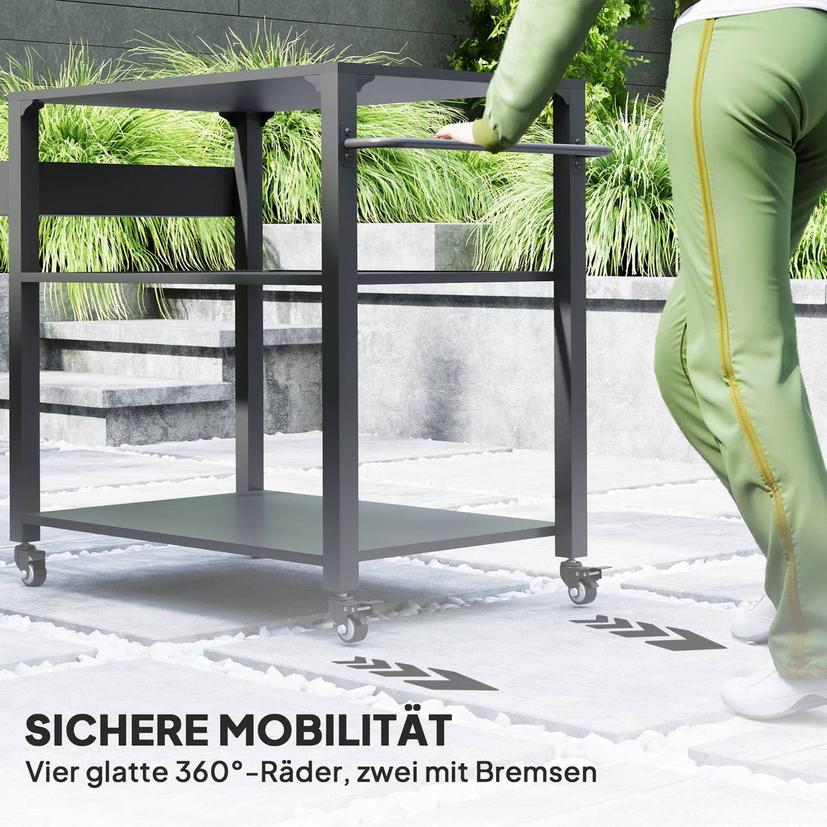 Grill trolley 3-tier serving trolley with work surface shelves wheels, BBQ grill table made of stainless steel, grill side table, outdoor trolley, charcoal grill for garden, terrace, 105x50x79cm black