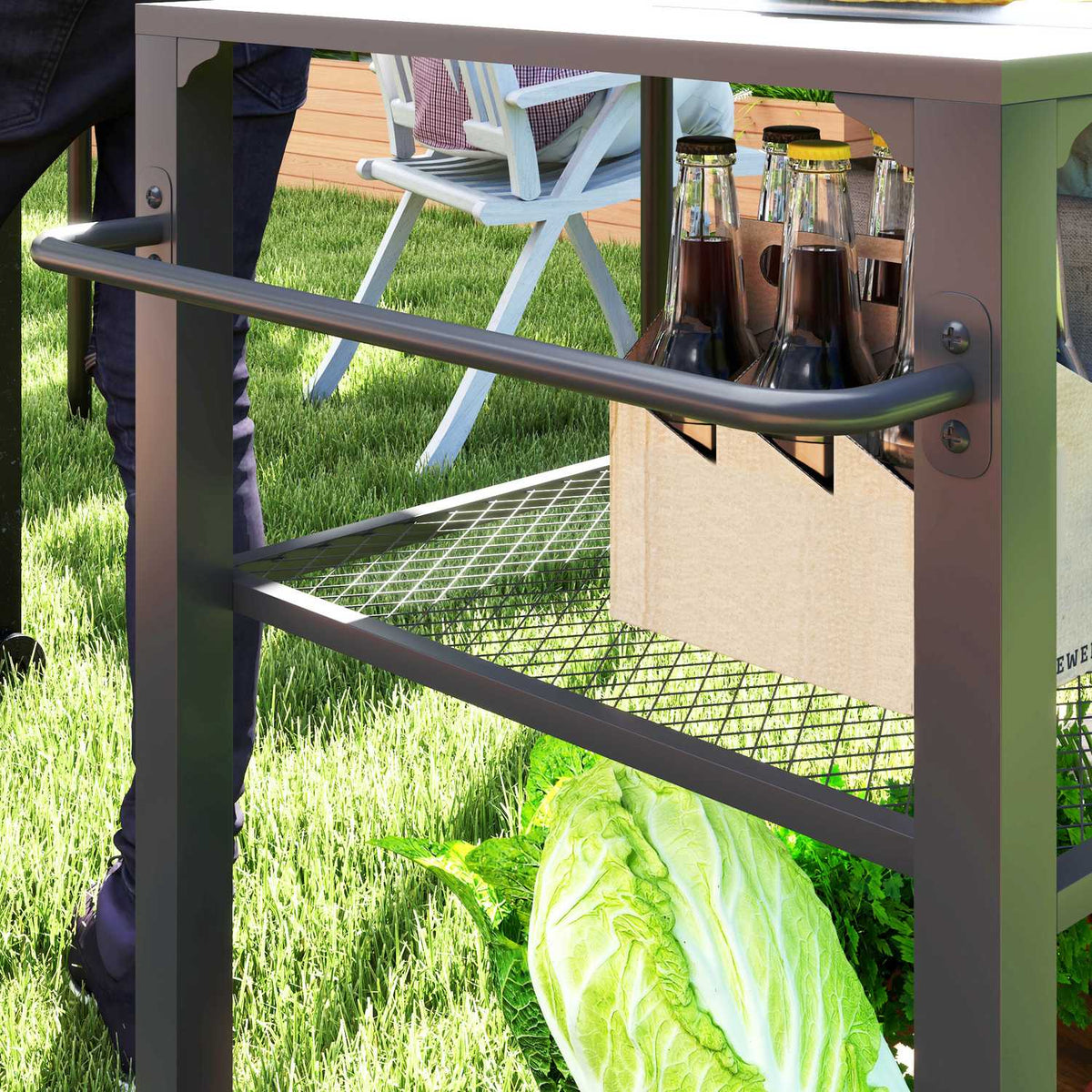 Grill trolley 3-tier serving trolley with work surface shelves wheels, BBQ grill table made of stainless steel, grill side table, outdoor trolley, charcoal grill for garden, terrace, 105x50x79cm black
