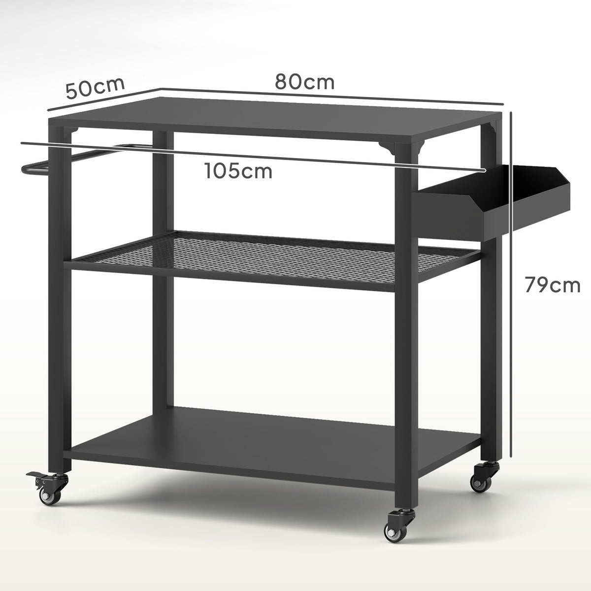Grill trolley 3-tier serving trolley with work surface shelves wheels, BBQ grill table made of stainless steel, grill side table, outdoor trolley, charcoal grill for garden, terrace, 105x50x79cm black