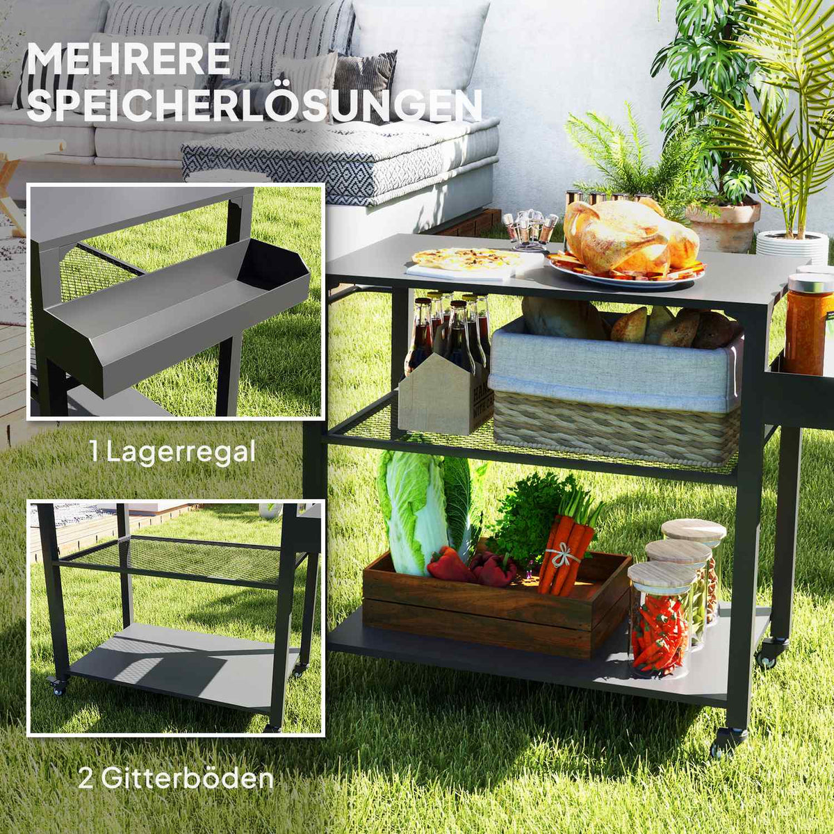 Grill trolley 3-tier serving trolley with work surface shelves wheels, BBQ grill table made of stainless steel, grill side table, outdoor trolley, charcoal grill for garden, terrace, 105x50x79cm black