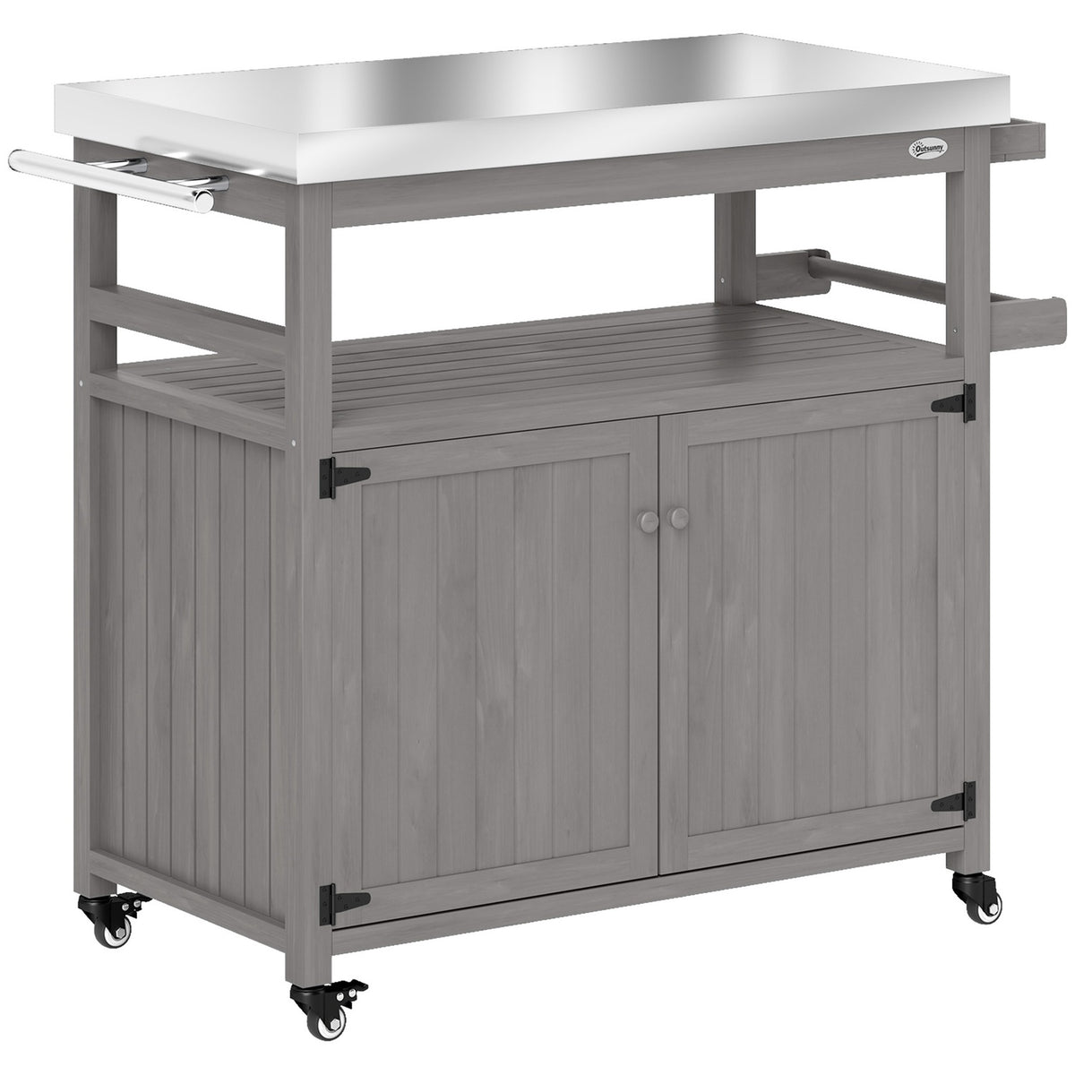 Grill trolley 3-tier serving trolley with work surface towel rack, BBQ grill table made of wood, grill side table, outdoor trolley, charcoal grill for garden, terrace 109x50x92.5cm gray