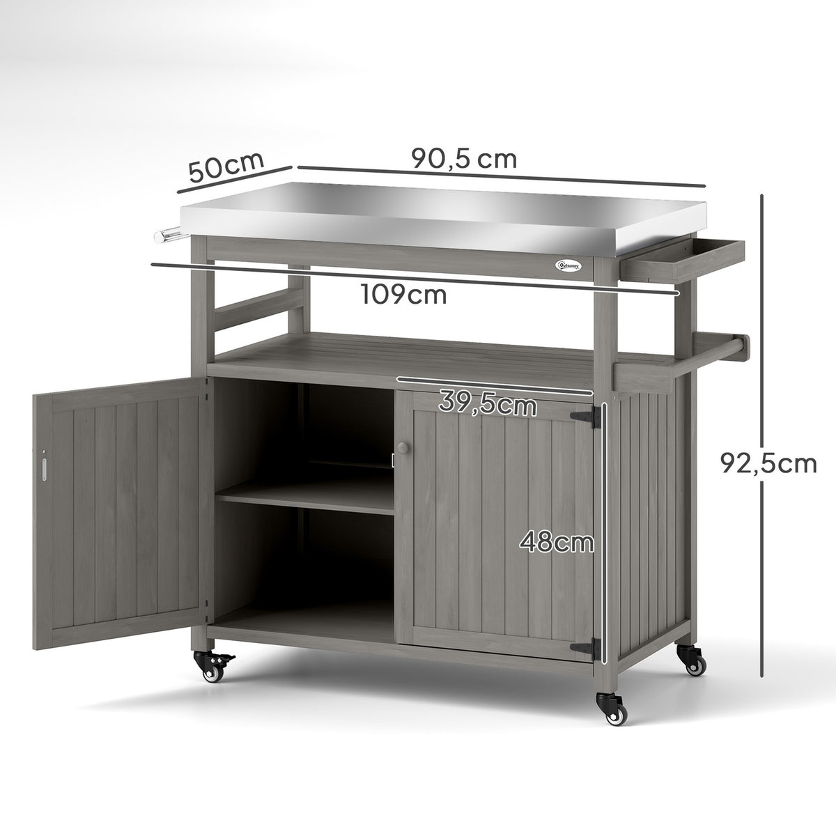 Grill trolley 3-tier serving trolley with work surface towel rack, BBQ grill table made of wood, grill side table, outdoor trolley, charcoal grill for garden, terrace 109x50x92.5cm gray