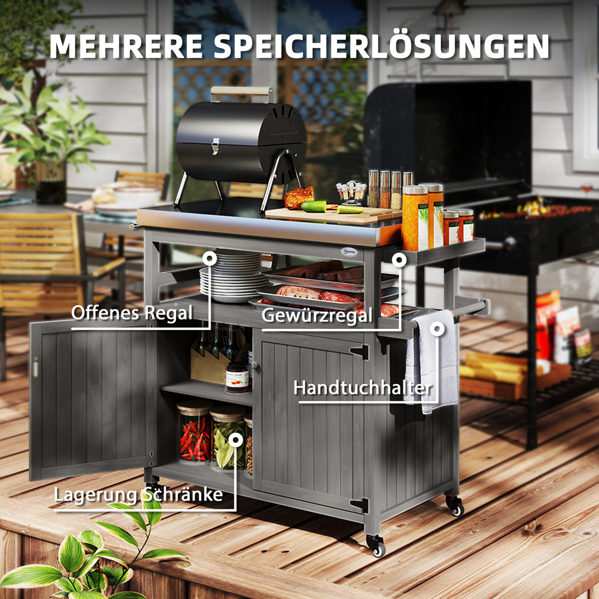 Grill trolley 3-tier serving trolley with work surface towel rack, BBQ grill table made of wood, grill side table, outdoor trolley, charcoal grill for garden, terrace 109x50x92.5cm gray