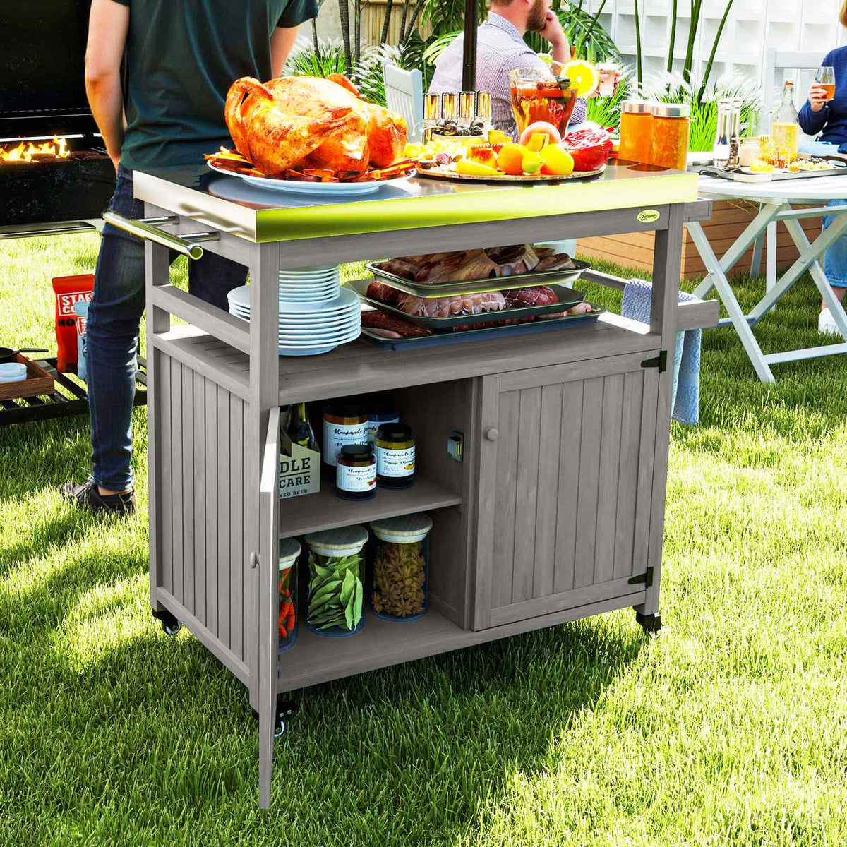 Grill trolley 3-tier serving trolley with work surface towel rack, BBQ grill table made of wood, grill side table, outdoor trolley, charcoal grill for garden, terrace 109x50x92.5cm gray