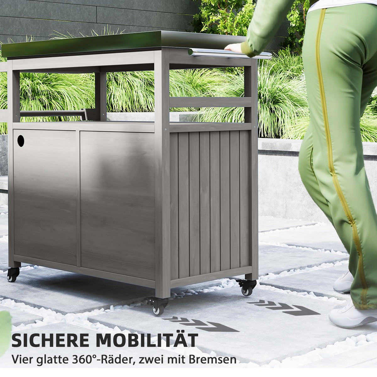 Grill trolley 3-tier serving trolley with work surface towel rack, BBQ grill table made of wood, grill side table, outdoor trolley, charcoal grill for garden, terrace 109x50x92.5cm gray