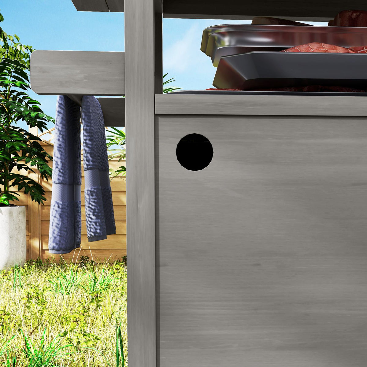 Grill trolley 3-tier serving trolley with work surface towel rack, BBQ grill table made of wood, grill side table, outdoor trolley, charcoal grill for garden, terrace 109x50x92.5cm gray