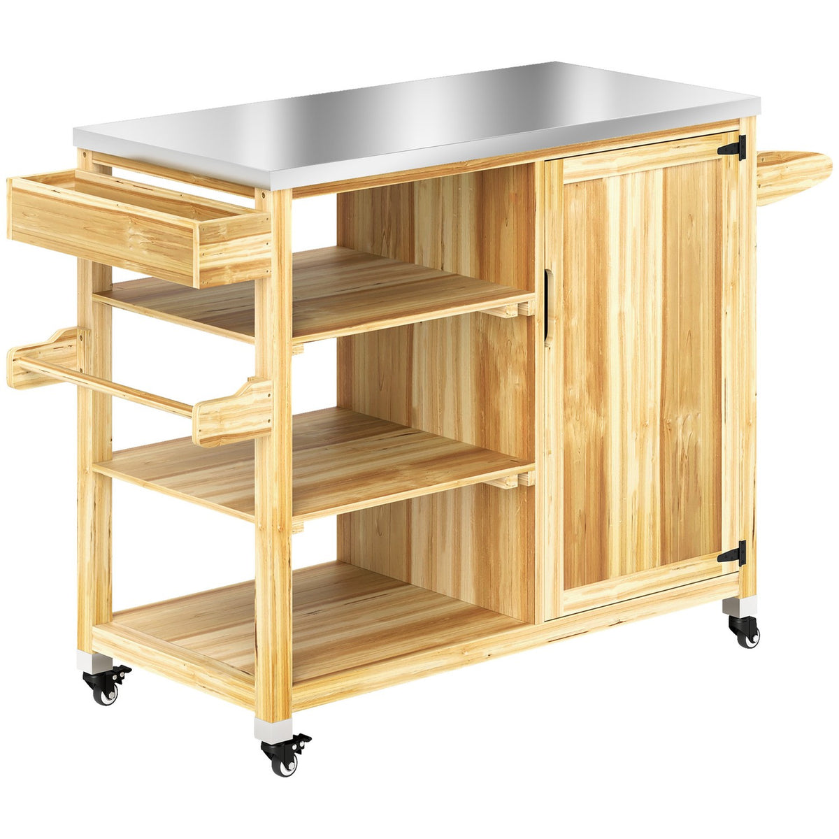 Grill trolley 6-tier serving trolley with work surface towel rack, BBQ grill table made of wood, grill side table, outdoor trolley, charcoal grill for garden, terrace 134.5x50x91.5cm natural wood
