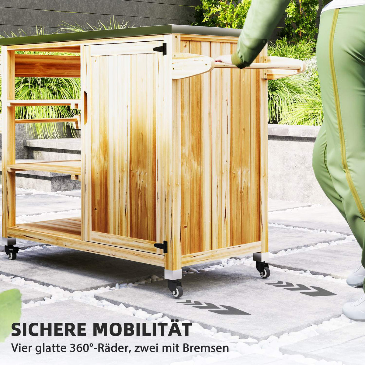 Grill trolley 6-tier serving trolley with work surface towel rack, BBQ grill table made of wood, grill side table, outdoor trolley, charcoal grill for garden, terrace 134.5x50x91.5cm natural wood