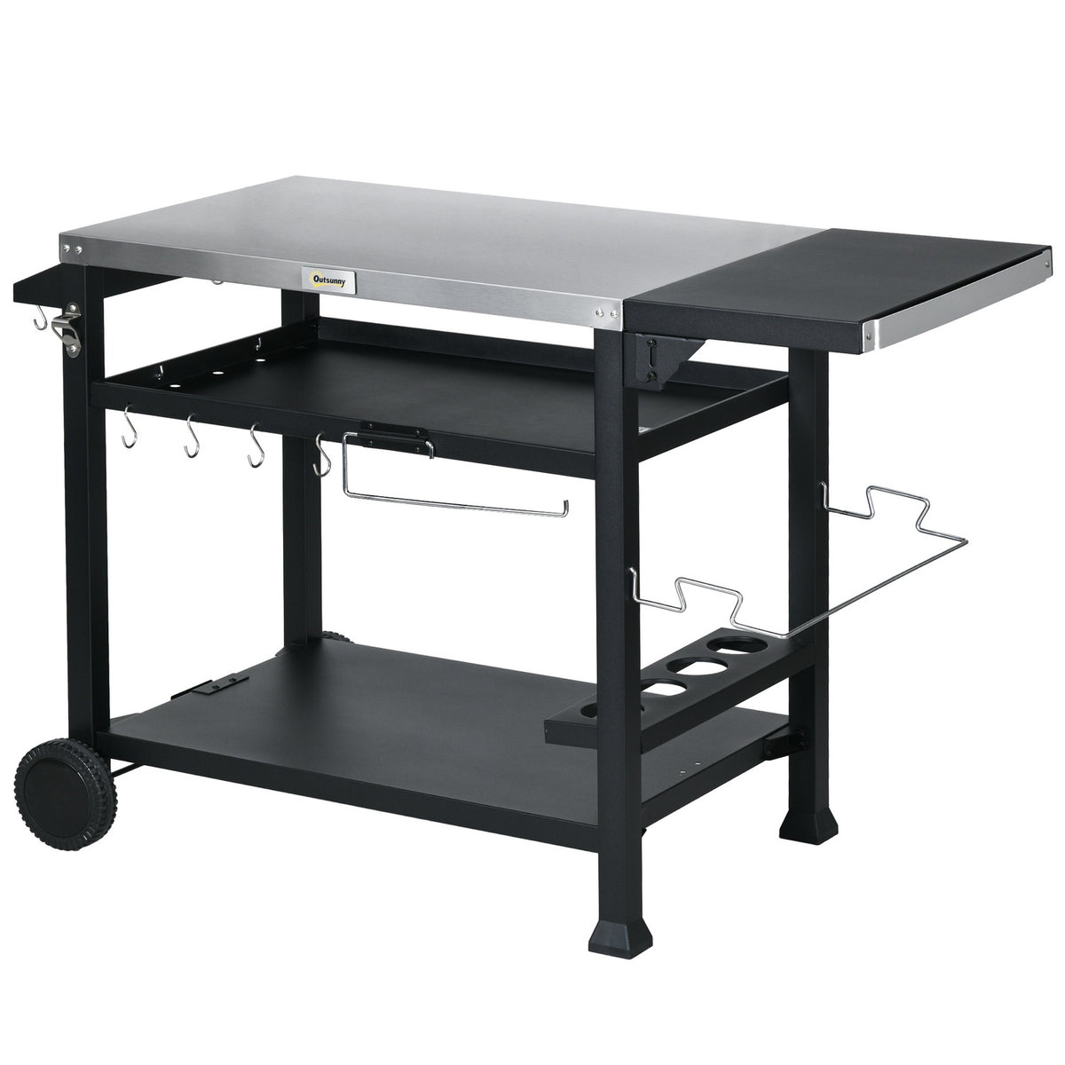 Grill trolley grill table with folding side table 3 tiers 6 hooks wheels wine rack table top for garden and patio