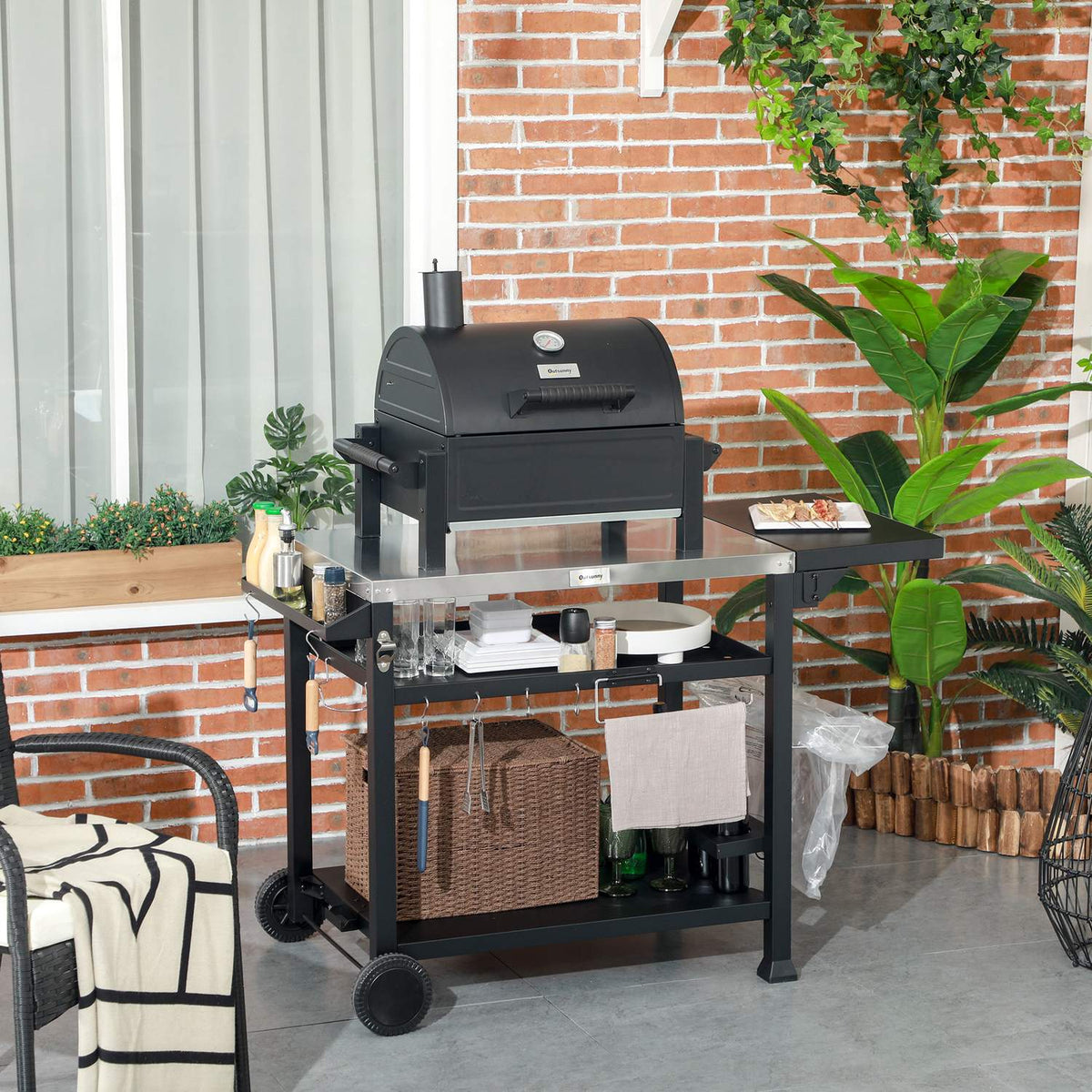 Grill trolley grill table with folding side table 3 tiers 6 hooks wheels wine rack table top for garden and patio