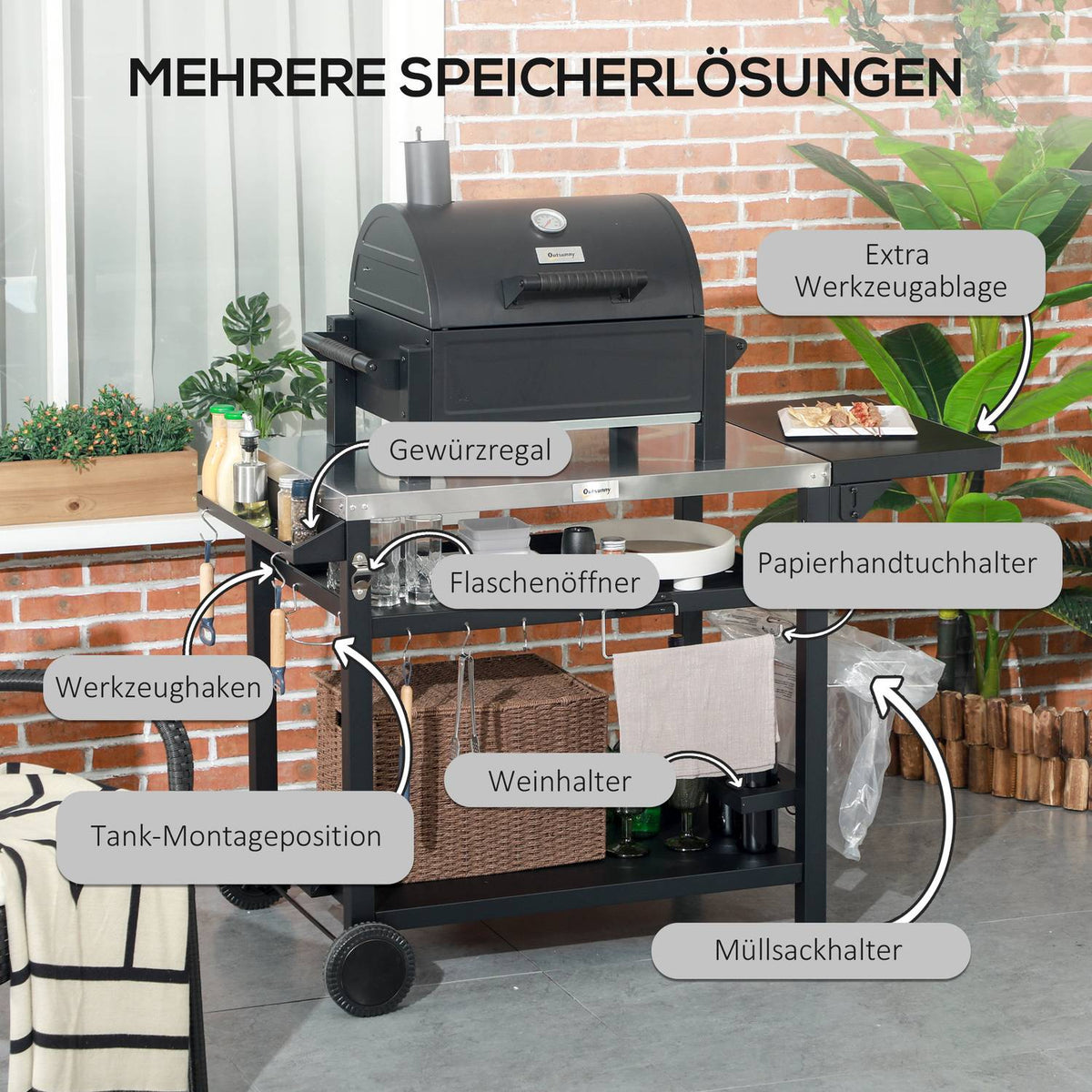 Grill trolley grill table with folding side table 3 tiers 6 hooks wheels wine rack table top for garden and patio
