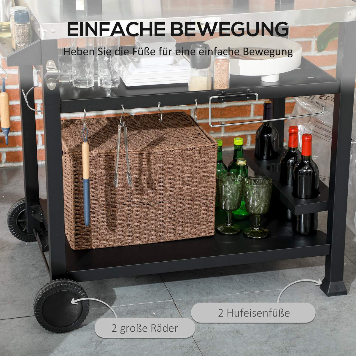Grill trolley grill table with folding side table 3 tiers 6 hooks wheels wine rack table top for garden and patio