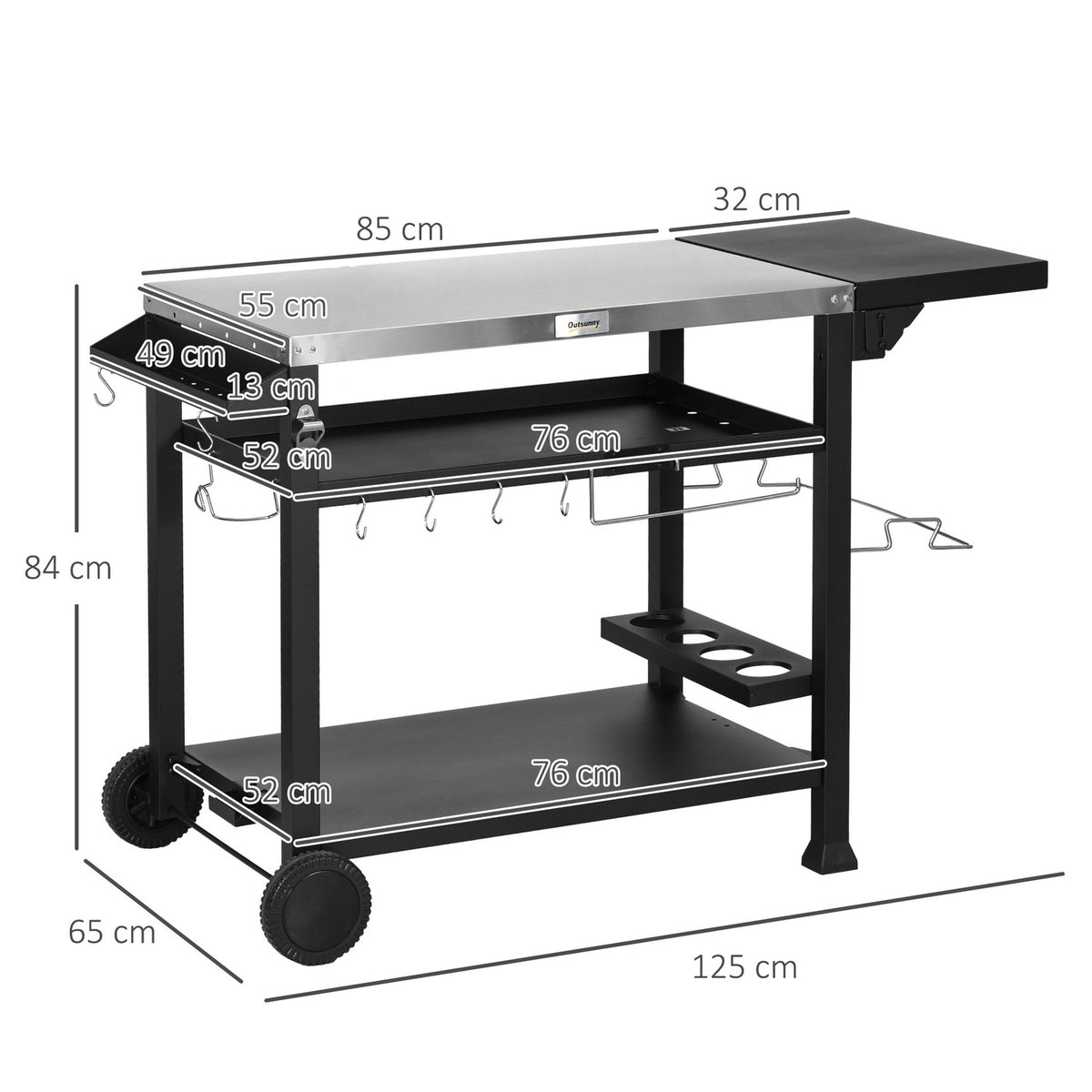 Grill trolley grill table with folding side table 3 tiers 6 hooks wheels wine rack table top for garden and patio