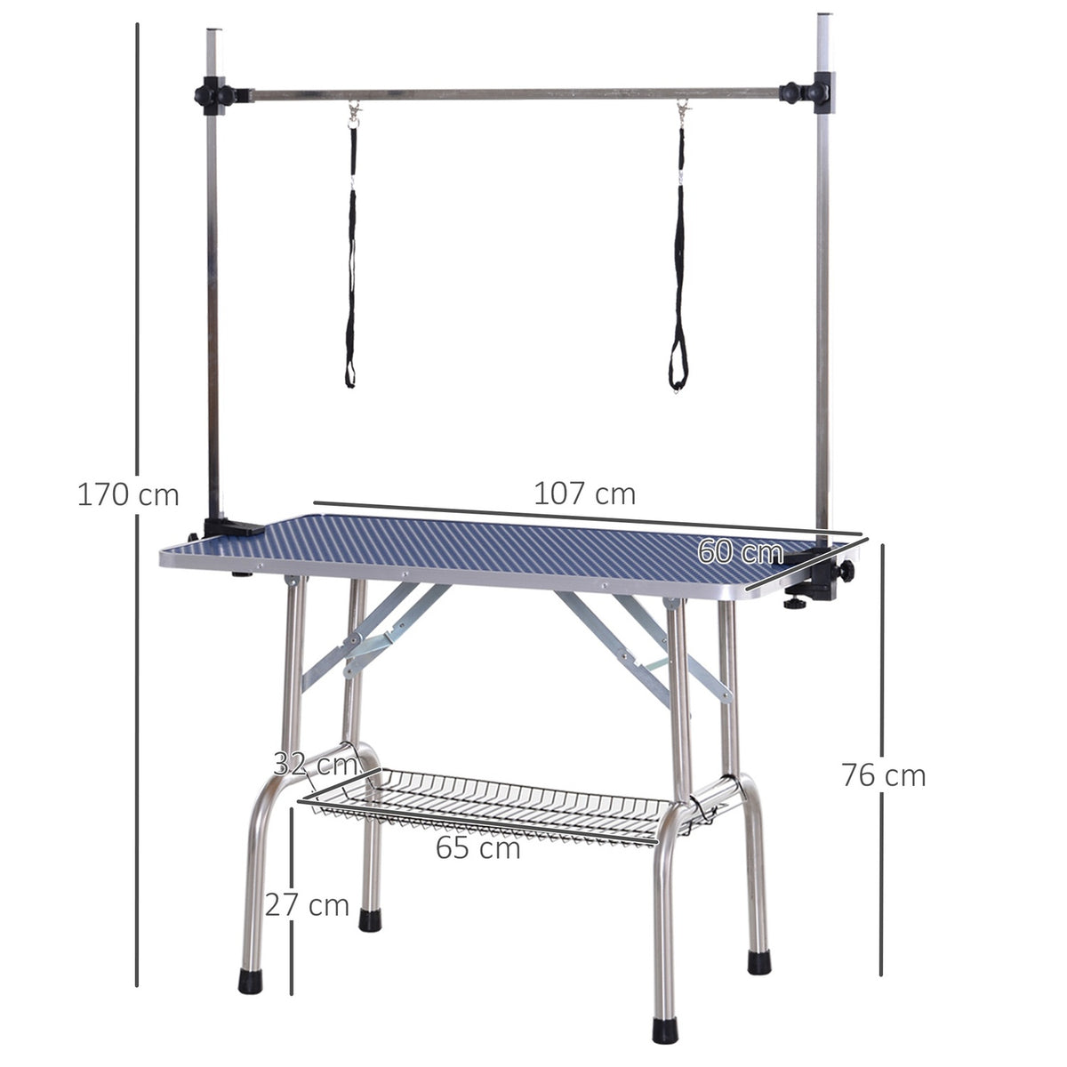 Grooming Table Height-Adjustable Lower Basket Foldable Dogs Stainless Steel Blue 107X60X170Cm