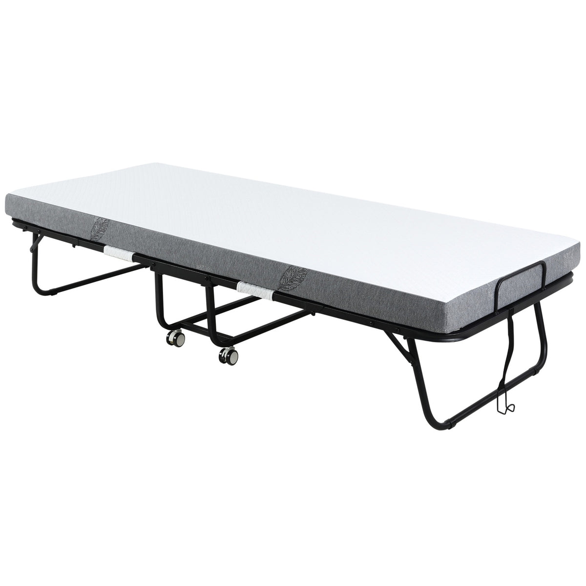 Guest Bed Folding Bed With Wheels, Steel + Foam, White + Black, 200X75X42.5Cm